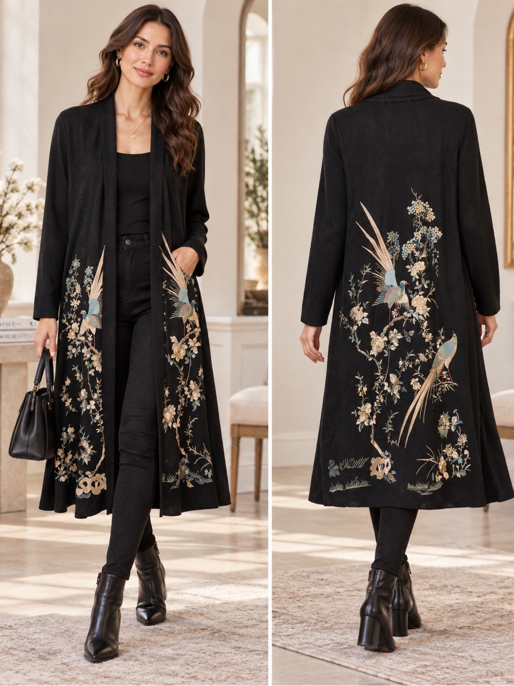 Soft Surroundings NWT Black Embroidered Bird Floral Long Duster Cardigan S